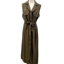 Tiffosi Olive Green Linen Blend Button Front Maxi Dress M Belted Safari Boho 