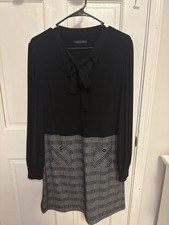 Tommy Hilfiger Plaid Tie Neck A-Line Dress Black Gray Long Sleeve Knee Length