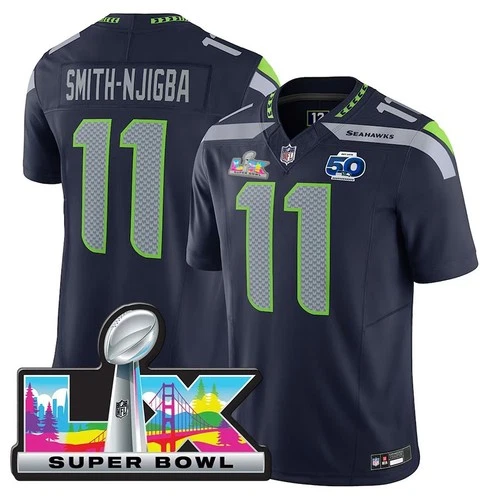 Seahawks Men's #11 Jaxon Smith-Njigba 50th /Super Bowl LX Patch Game Jersey