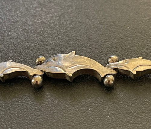 Vintage TAXCO Mexico Sterling .925 Dolphin Bracelet 7" 27g Heavy Linked - Picture 8 of 9