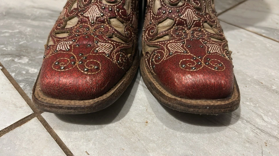 7,5 ЖЕНЩИН CORRAL БОТИНКИ КРАСНЫЙ БОРДОВЫЙ КОЖАНЫЙ КВАДРАТНЫЙ НОСОК БОТИНКИ - Изображение 3 из 4