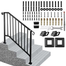 Handrails for Outdoor Steps Matte Black Wrought Iron Stair Railing for 3-4 Step