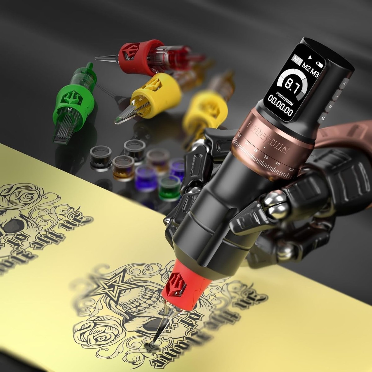 Poseidon Tattoo Gun Kit Wireless Machine Kit 7 Strokes Length with