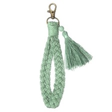 Boho Macrame Keychain Wristlet with Charm, Light Green