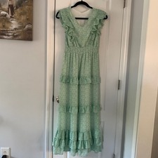 Green Floral Ruffle Tiered Maxi Dress Smocked Waist VNeck Flutter Sleeve Chiffon