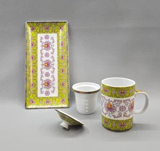 Vintage World Market Ceramic Loose Tea Infusing Mug & Tray Green Floral Motifs