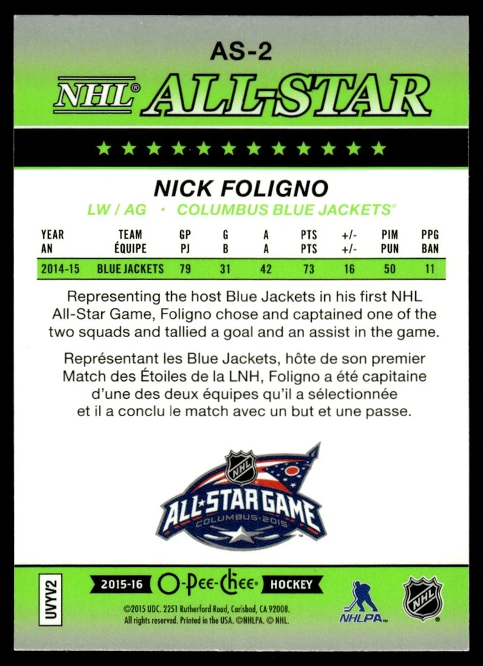 2015-16 O PEE CHEE NHL ALL STAR Nick Foligno Columbus Blue Jackets #AS-2 - Image 2 of 2