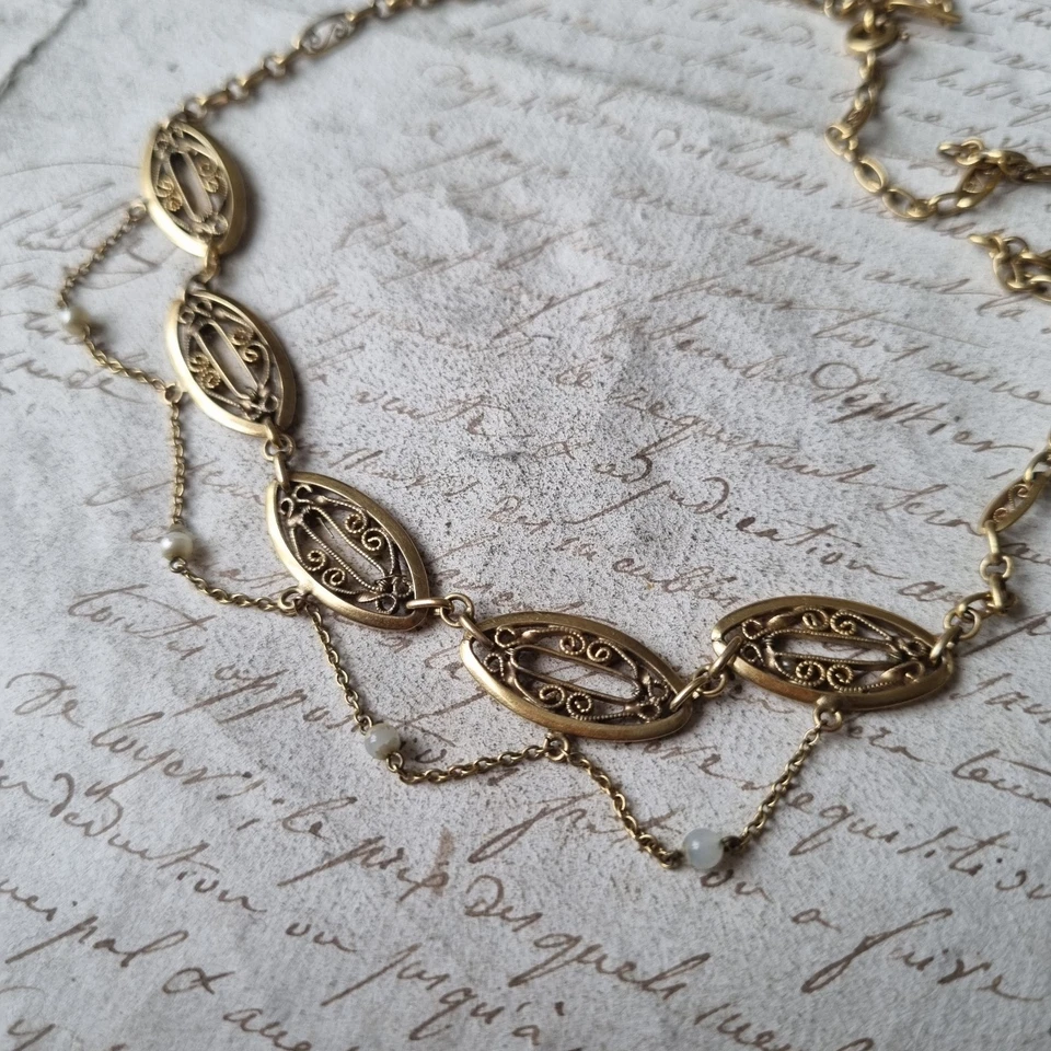 Collier Draperie Ancien Plaqué Or Filigrané vers 1900 - Photo 2/4