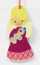 Erzgebirge Germany Angel Girl with Baby Doll Wooden Wood Fretwork Vntg Ornament