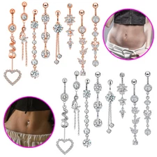 16pcs 14G Surgical Steel Belly Button Ring CZ Long Dangle Navel Curved Barbell