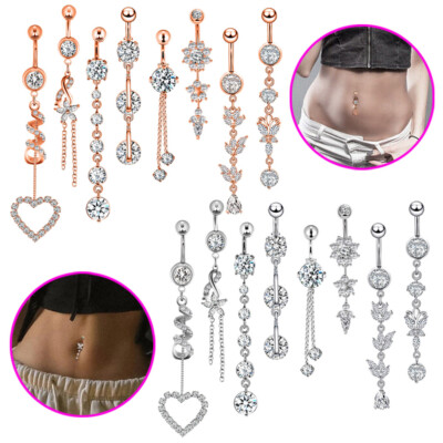 14G CZ Dangle Belly Button Navel Rings 5-9Pcs Surgical Steel Navel Barbells Stud