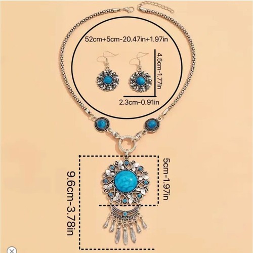 Bohemian Style Imitation Turquoise Pendant Necklace & Earrings Set - Picture 3 of 3