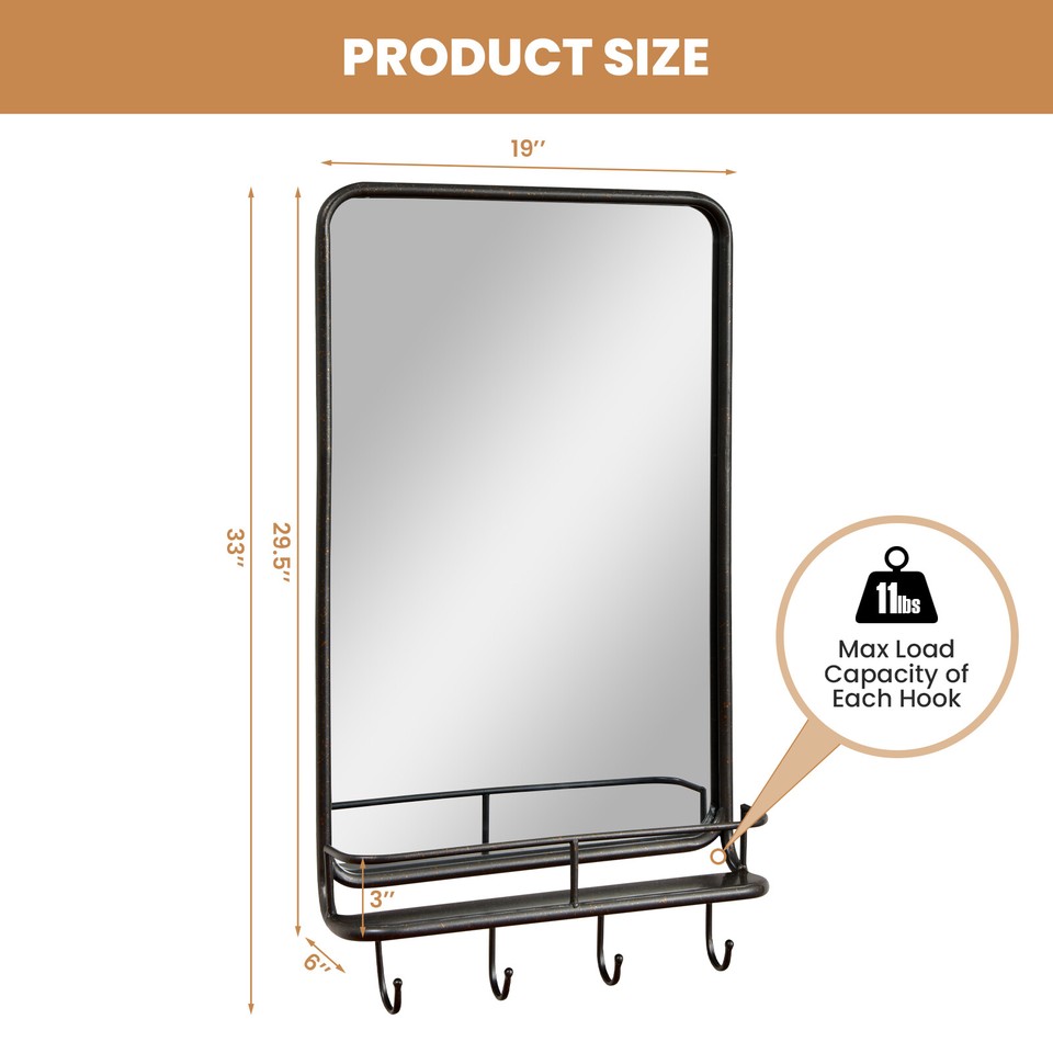 Wall Bathroom Mirror w/ Shelf Hooks Sturdy Metal Frame for Bedroom ...