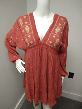 New In Loom Dress Dark Orange Fit Flare Embroidered 3/4 Sleeve Medium Women Boho