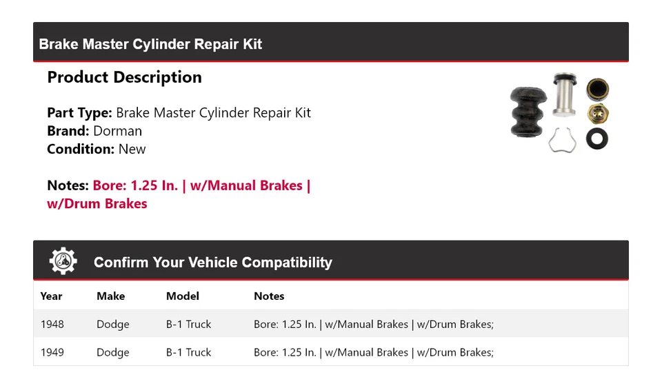 Kit de reparación de cilindro maestro de freno Dorman para camioneta Dodge B-1 1948-1949 Foto 2 de 3