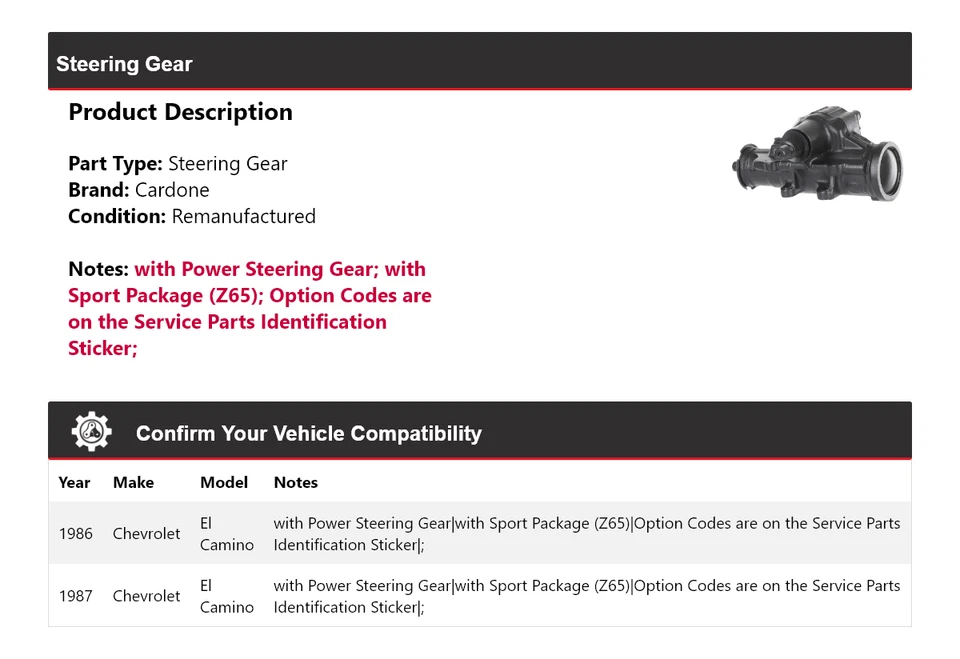 Engranaje de dirección Cardone 1986-1987 Chevrolet El Camino Foto 2 de 4