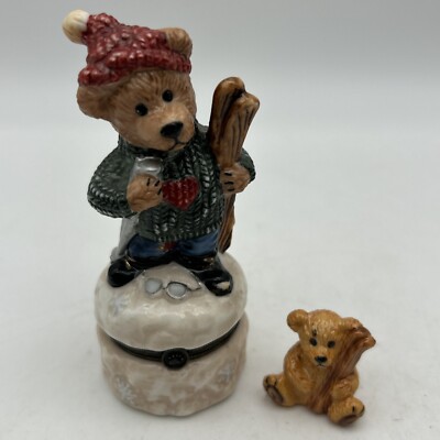 Vtg Bearware 2E/4437 Hinged Teddy Bear Trinket Ring Box w/ baby Boyd's Skiing