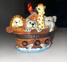 Vintage Noah  s Ark Porcelain Trinket Box Hinged Nursery Decor Gift