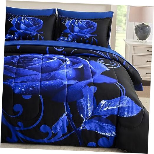 Comforter Set 7 Pieces Rose Pattern Bed in a Bag, Lightweight Soft Queen Blue-image