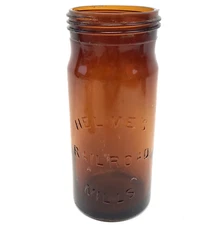 Antique Helme's Railroad Mills Amber Glass Jar, ~7.25"