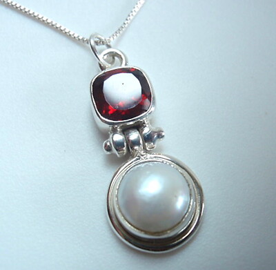 Facettierter Granat und Zuchtperlen Doppel Edelstein 925 Sterling Silber Anhänger