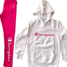 Champion Girl's 2 Piece Heavyweight Hoodie  Legging Active Set White/Wow Pink 1