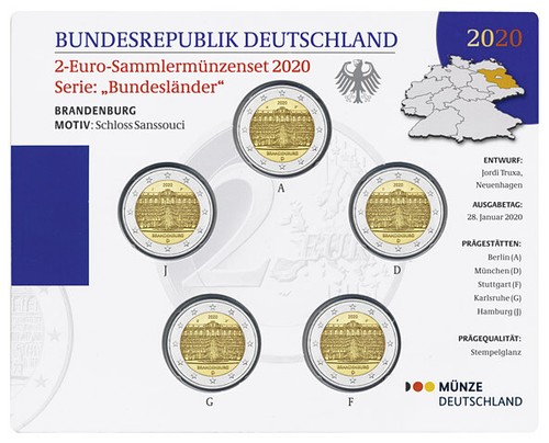 BRD 2 EURO BRANDENBURG 2020 SATZ ADFGJ STEMPELGLANZ IM ORIGINAL-BLISTER