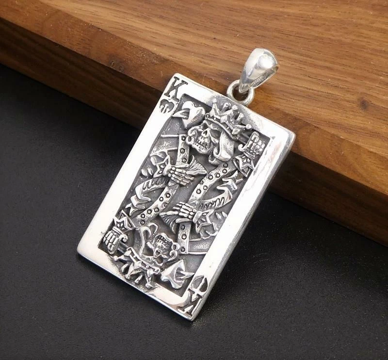 Solid 925 Sterling Silver Ornate Poker Card Skull King Rectangle Pendant Unique - Image 2 of 4