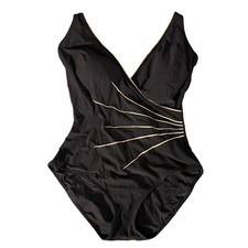 Vintage Gottex Swimsuit Black Gold Sunburst Size 16 Retro 80s Swimwear