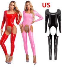 Women's PVC Leather Lingerie With Garter Belt Wetlook Hollow Out Jumpsuit Shiny