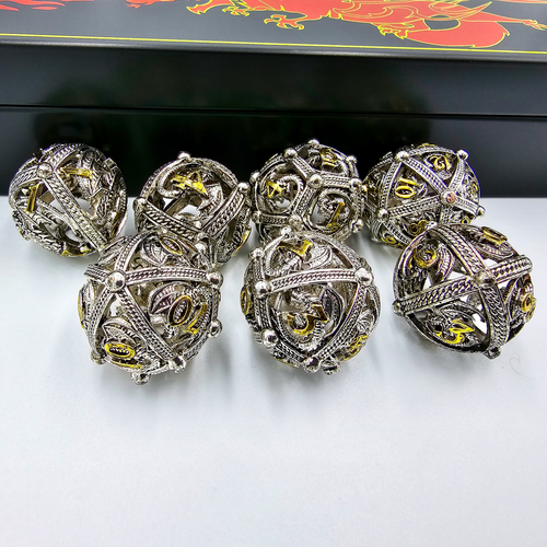 Silver Gold Hollow Metal Round Orb DnD Dice Set Polyhedral RPG Dungeons Dragons - Picture 9 of 9