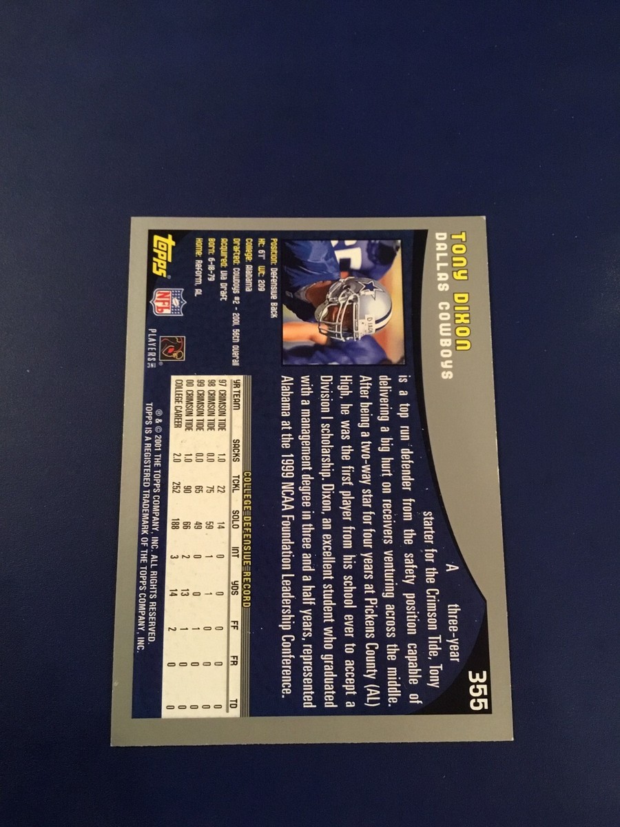 2001 Topps # 355 Tony Dixon Rookie Rc Dallas Cowboys Alabama 56th
