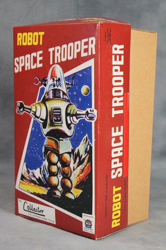 Robot de juguete HAHA de colección Space Trooper azul mecanismo de relojería lata caja original funcionando - Imagen 7 de 7