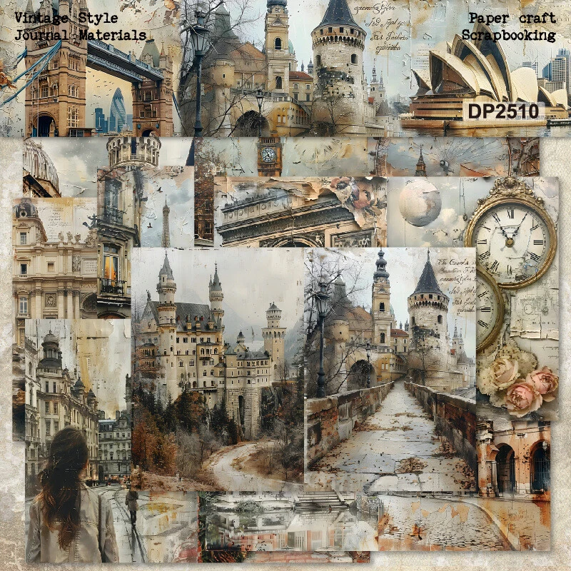 8Pcs Retro Buildings Paper Decor A5 Scrapbook Card Making Journal Album Crafts - Image 2 of 4