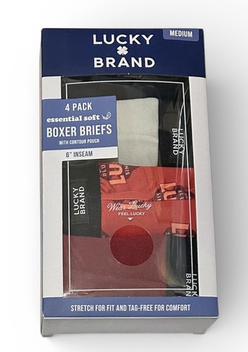 Lucky Brand Men's  4-Essential Soft Boxer Briefs Medium  (32-34) Black/Gray/Red
