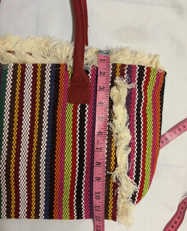 Large India Multicolored Striped Tote Hand Bag Shopping Bag Purse Boho Fringe - Image 3 of 4
