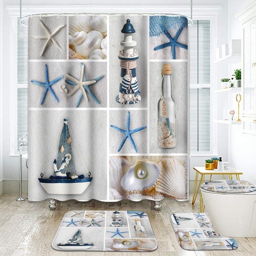 4 Pcs Shower Curtain Set Nautical Summer Sea Shell Beach Lighthouse Pearl San...