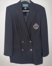 Ralph Lauren Sz 12 Green Label Black Wool Crest Pocket Double Breast Blazer EUC