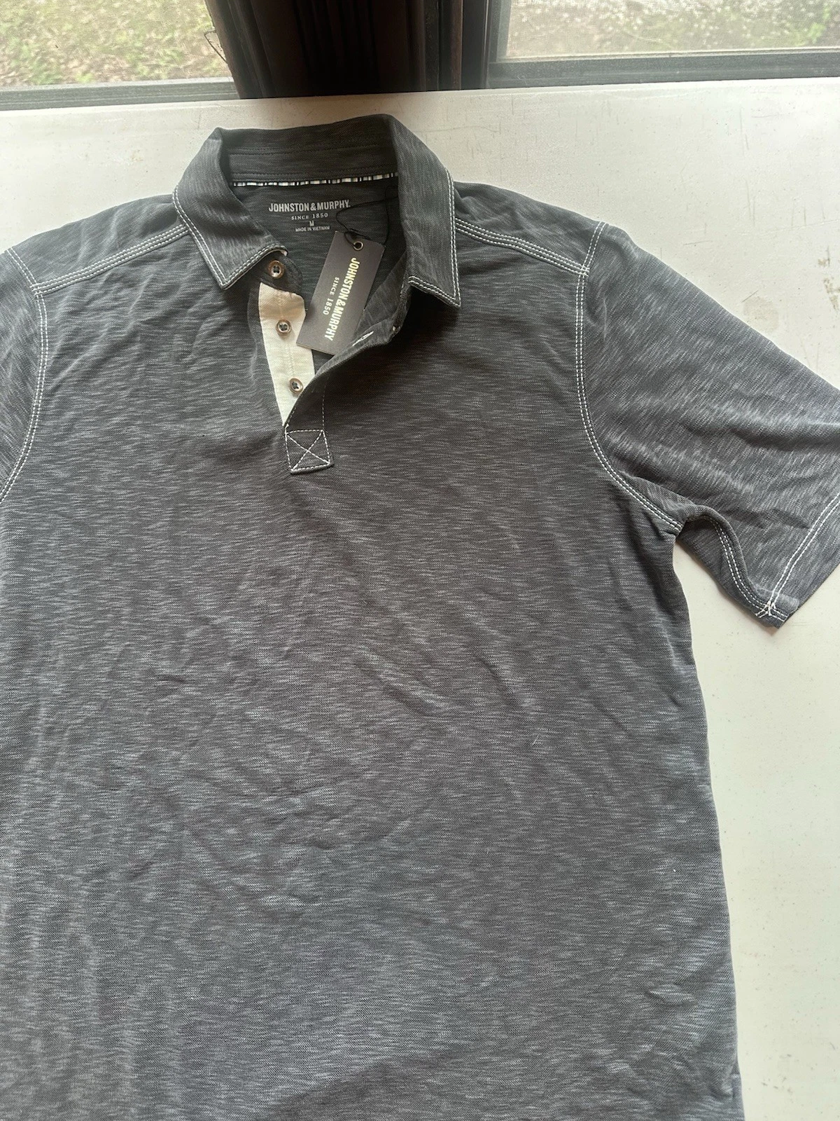 $69.50 Johnston & Murphy Men’s Charcoal Slub Polo Shirt Medium NWT Soft Summer