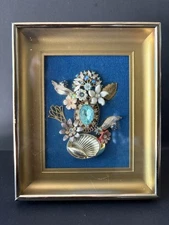 VTG Framed Jewelry Art 3D Shadowbox – Rhinestone & Enamel Floral Collage 6”x5”