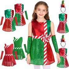 Kid Girls Sequins Color Block Dance Dress Christmas Dance Dress with Oversleeves