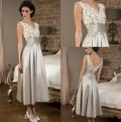 Sliver Mother Of the Bride Dresses Gorgeous Sleeveless Lace V Neck Satin
