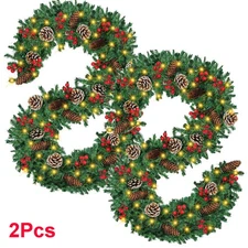 2pcs Prelit Christmas Garland Pine Garland with 50 LED Lights & Berries Pinecone