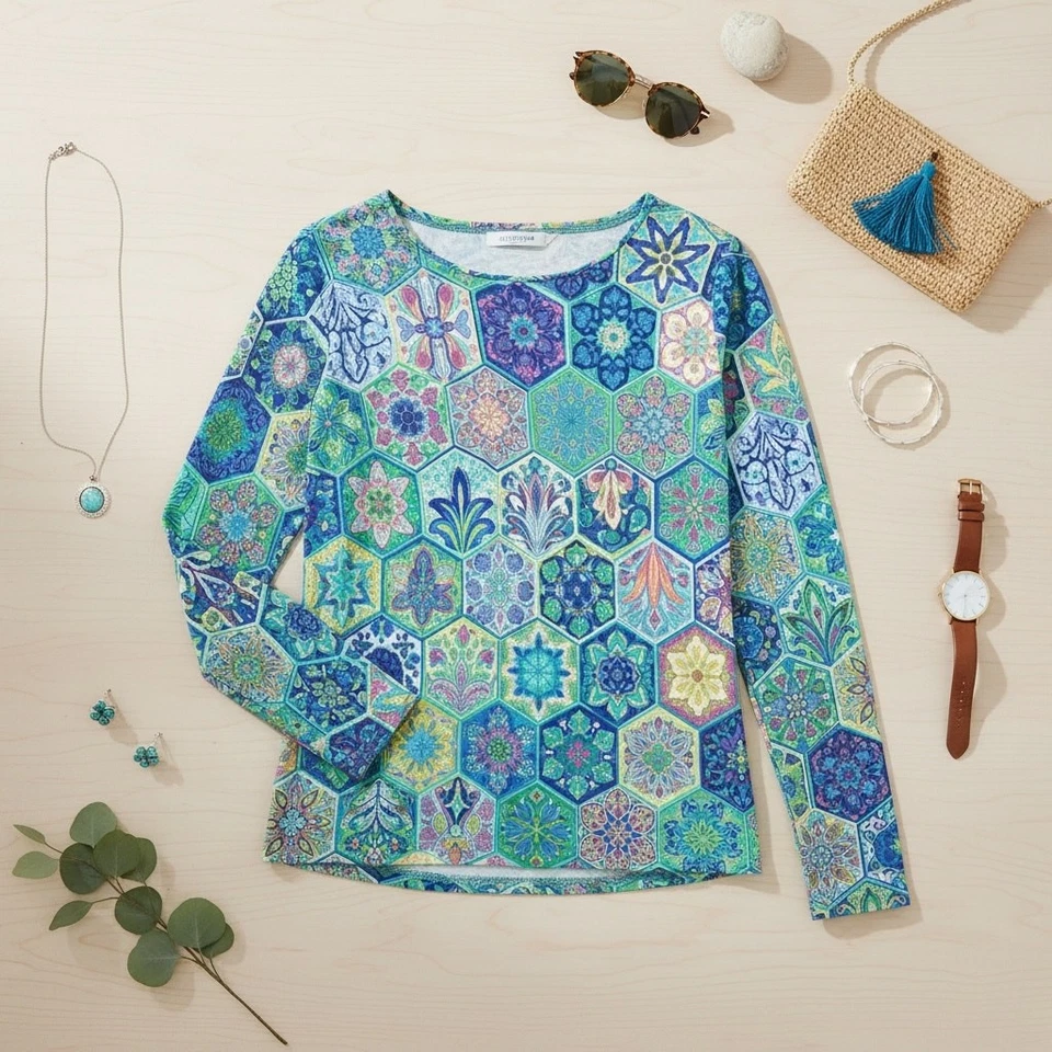 Suéter Talbots Para Mujer Grande Estampado Azul Cuello Redondo Algodón Manga Larga Pullover Foto 2 de 4