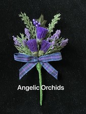 Scottish Buttonhole  Purple Thistle &  Heathers Modern Pride Of Scotland Tartan