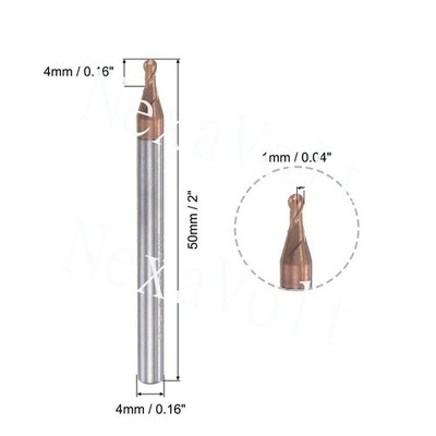 1mm Radius 50mm Long HRC55 Carbide AlTiSin Coated 2 Flute Ball Nose End Mill