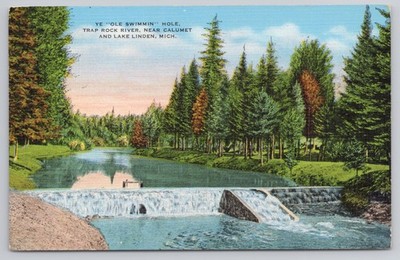 Ye Ole Swimmin Hole Trap Rock River MI Linen Postcard