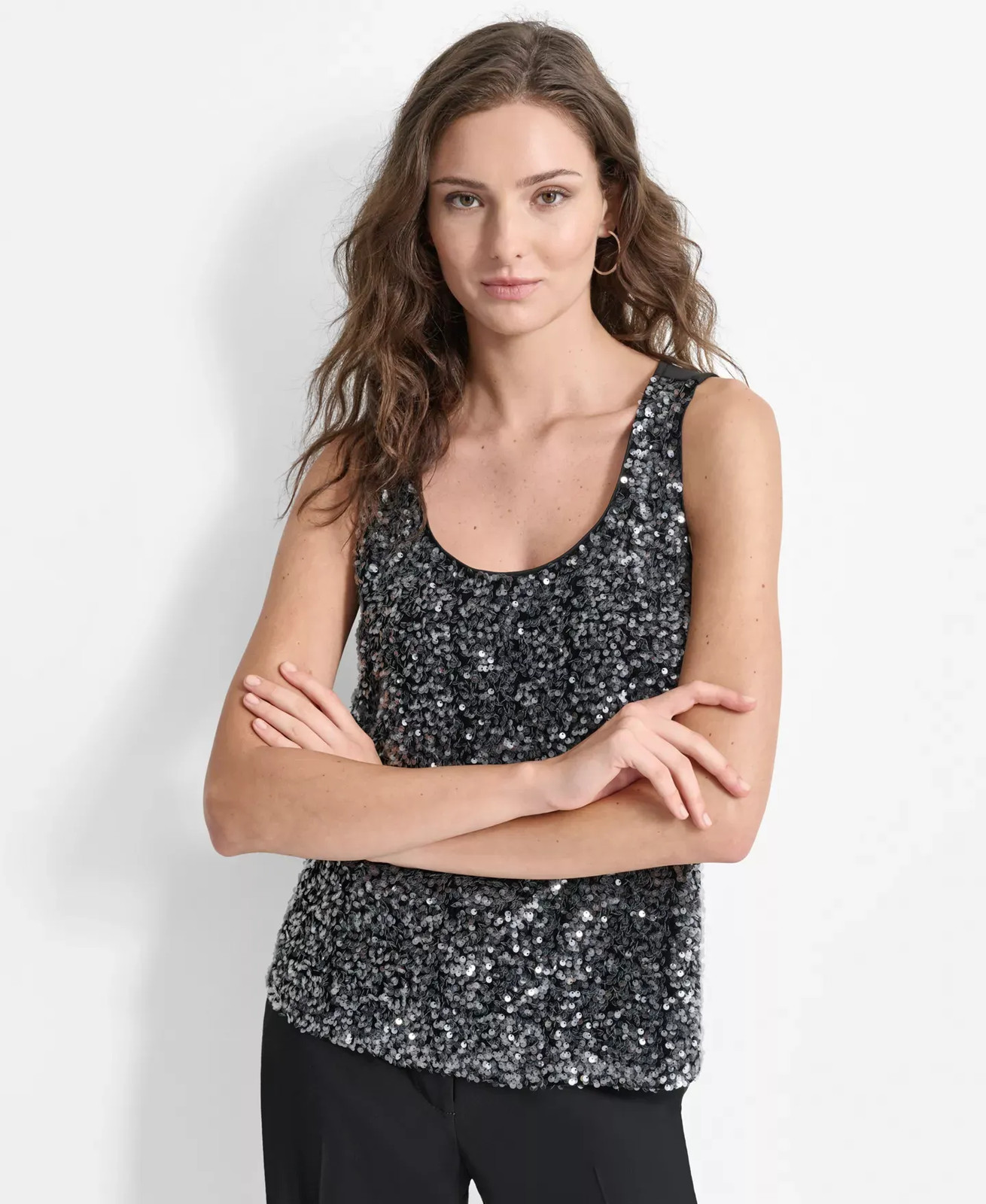 DKNY Women's Top Sz L Sequined Scoop-Neck Sleeveless Tank Sage