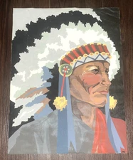 Vintage 1950s Paint-By-Number Native American Indian Chief on Canvas 12" x 16"
