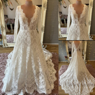 Vintage Full Lace Wedding Dresses V-Neck Long Sleeve Lace Appliques Bridal  Gowns | eBay